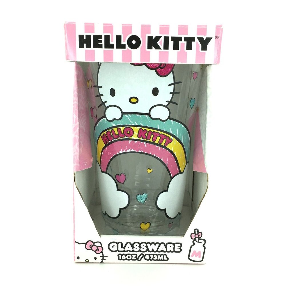Hello Kitty 16 Oz Glassware Drinking Glass Rainbow Hearts Sanrio Silver Buffalo